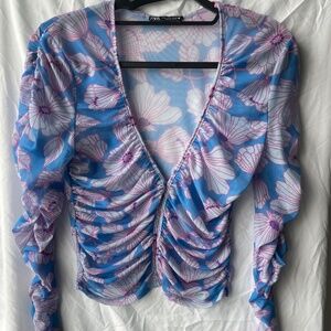 Zara Cropped Floral Mesh V-Neck Tulle Top | Size S